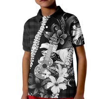 Hawaii Ukulele Kid Polo Shirt Tropical Flowers With Palaka Effect Black Version LT05 Kid Black - Polynesian Pride