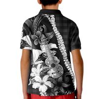 Hawaii Ukulele Kid Polo Shirt Tropical Flowers With Palaka Effect Black Version LT05 - Polynesian Pride