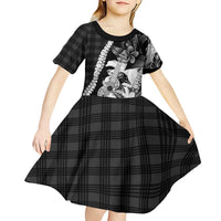 Hawaii Ukulele Kid Short Sleeve Dress Tropical Flowers With Palaka Effect Black Version LT05 - Polynesian Pride