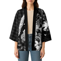 Hawaii Ukulele Kimono Tropical Flowers With Palaka Effect Black Version - Polynesian Pride