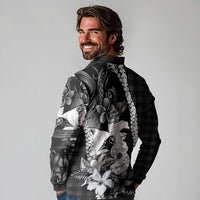 Hawaii Ukulele Long Sleeve Polo Shirt Tropical Flowers With Palaka Effect Black Version - Polynesian Pride