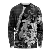 Hawaii Ukulele Long Sleeve Shirt Tropical Flowers With Palaka Effect Black Version - Polynesian Pride
