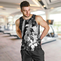 Hawaii Ukulele Men Tank Top Tropical Flowers With Palaka Effect Black Version LT05 Black - Polynesian Pride