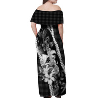 Hawaii Ukulele Off Shoulder Maxi Dress Tropical Flowers With Palaka Effect Black Version - Polynesian Pride