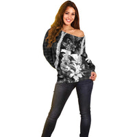 Hawaii Ukulele Off Shoulder Sweater Tropical Flowers With Palaka Effect Black Version LT05 - Polynesian Pride