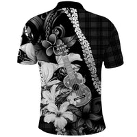 Hawaii Ukulele Polo Shirt Tropical Flowers With Palaka Effect Black Version LT05 - Polynesian Pride