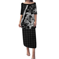 Hawaii Ukulele Puletasi Tropical Flowers With Palaka Effect Black Version LT05 Long Dress Black - Polynesian Pride