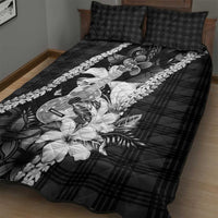 Hawaii Ukulele Quilt Bed Set Tropical Flowers With Palaka Effect Black Version LT05 - Polynesian Pride