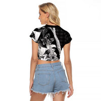 Hawaii Ukulele Raglan Cropped T Shirt Tropical Flowers With Palaka Effect Black Version LT05 - Polynesian Pride