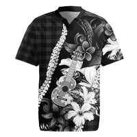 Hawaii Ukulele Rugby Jersey Tropical Flowers With Palaka Effect Black Version - Polynesian Pride