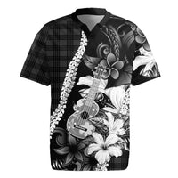 Hawaii Ukulele Rugby Jersey Tropical Flowers With Palaka Effect Black Version LT05 Black - Polynesian Pride