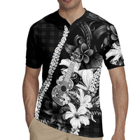 Hawaii Ukulele Rugby Jersey Tropical Flowers With Palaka Effect Black Version LT05 - Polynesian Pride