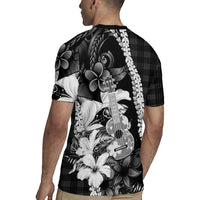 Hawaii Ukulele Rugby Jersey Tropical Flowers With Palaka Effect Black Version LT05 - Polynesian Pride