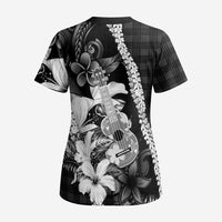 Hawaii Ukulele Scrub Top Tropical Flowers With Palaka Effect Black Version - Polynesian Pride