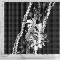 Hawaii Ukulele Shower Curtain Tropical Flowers With Palaka Effect Black Version LT05 - Polynesian Pride