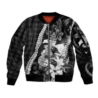 Hawaii Ukulele Sleeve Zip Bomber Jacket Tropical Flowers With Palaka Effect Black Version LT05 Unisex Black - Polynesian Pride