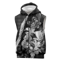 Hawaii Ukulele Sleeveless Zip Hoodie Tropical Flowers With Palaka Effect Black Version - Polynesian Pride