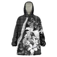 Hawaii Ukulele Wearable Blanket Hoodie Tropical Flowers With Palaka Effect Black Version - Polynesian Pride