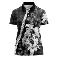 Hawaii Ukulele Women Polo Shirt Tropical Flowers With Palaka Effect Black Version LT05 Female Black - Polynesian Pride