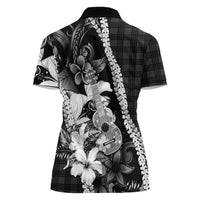 Hawaii Ukulele Women Polo Shirt Tropical Flowers With Palaka Effect Black Version LT05 - Polynesian Pride