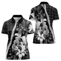 Hawaii Ukulele Women Polo Shirt Tropical Flowers With Palaka Effect Black Version LT05 - Polynesian Pride