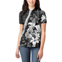 Hawaii Ukulele Women Polo Shirt Tropical Flowers With Palaka Effect Black Version LT05 - Polynesian Pride