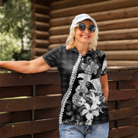 Hawaii Ukulele Women Polo Shirt Tropical Flowers With Palaka Effect Black Version LT05 - Polynesian Pride