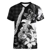 Hawaii Ukulele Women V-Neck T-Shirt Tropical Flowers With Palaka Effect Black Version LT05 Female Black - Polynesian Pride