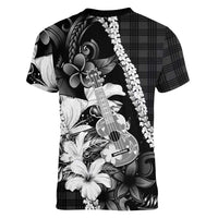 Hawaii Ukulele Women V-Neck T-Shirt Tropical Flowers With Palaka Effect Black Version LT05 - Polynesian Pride