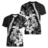 Hawaii Ukulele Women V-Neck T-Shirt Tropical Flowers With Palaka Effect Black Version - Polynesian Pride
