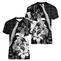 Hawaii Ukulele Women V-Neck T-Shirt Tropical Flowers With Palaka Effect Black Version LT05 - Polynesian Pride