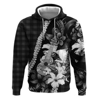 Hawaii Ukulele Zip Hoodie Tropical Flowers With Palaka Effect Black Version - Polynesian Pride