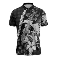 Hawaii Ukulele Zipper Polo Shirt Tropical Flowers With Palaka Effect Black Version LT05 Black - Polynesian Pride