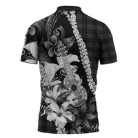 Hawaii Ukulele Zipper Polo Shirt Tropical Flowers With Palaka Effect Black Version LT05 - Polynesian Pride