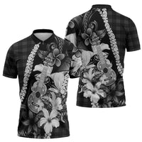 Hawaii Ukulele Zipper Polo Shirt Tropical Flowers With Palaka Effect Black Version LT05 - Polynesian Pride