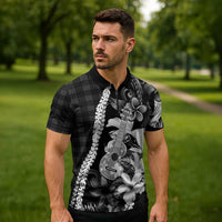 Hawaii Ukulele Zipper Polo Shirt Tropical Flowers With Palaka Effect Black Version LT05 - Polynesian Pride