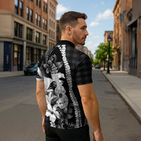 Hawaii Ukulele Zipper Polo Shirt Tropical Flowers With Palaka Effect Black Version LT05 - Polynesian Pride