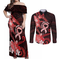 Heart Health Awareness Couples Matching Off Shoulder Maxi Dress and Long Sleeve Button Shirt Warrior Wears Red Polynesian Style LT05 Red - Polynesian Pride
