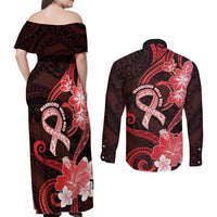 Heart Health Awareness Couples Matching Off Shoulder Maxi Dress and Long Sleeve Button Shirt Warrior Wears Red Polynesian Style LT05 - Polynesian Pride