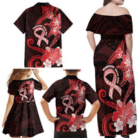 Heart Health Awareness Family Matching Off Shoulder Maxi Dress and Hawaiian Shirt Warrior Wears Red Polynesian Style