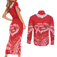 Heart Health Awareness Couples Matching Short Sleeve Bodycon Dress and Long Sleeve Button Shirt Polynesian Red Ribbon LT05 - Polynesian Pride