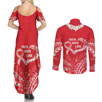Heart Health Awareness Couples Matching Summer Maxi Dress and Long Sleeve Button Shirt Polynesian Red Ribbon LT05 - Polynesian Pride