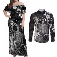 Hawaii King Kamehameha Day Couples Matching Off Shoulder Maxi Dress and Long Sleeve Button Shirt Polynesian Pattern Mix Hibiscus Black