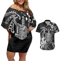Hawaii King Kamehameha Day Couples Matching Off Shoulder Short Dress and Hawaiian Shirt Polynesian Pattern Mix Hibiscus Black