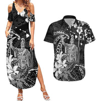Hawaii King Kamehameha Day Couples Matching Summer Maxi Dress and Hawaiian Shirt Polynesian Pattern Mix Hibiscus Black