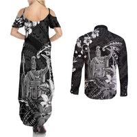 Hawaii King Kamehameha Day Couples Matching Summer Maxi Dress and Long Sleeve Button Shirt Polynesian Pattern Mix Hibiscus Black