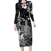 Hawaii King Kamehameha Day Family Matching Long Sleeve Bodycon Dress and Hawaiian Shirt Polynesian Pattern Mix Hibiscus Black