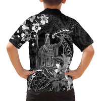 Hawaii King Kamehameha Day Family Matching Off Shoulder Short Dress and Hawaiian Shirt Polynesian Pattern Mix Hibiscus Black
