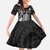 Hawaii King Kamehameha Day Kid Short Sleeve Dress Polynesian Pattern Mix Hibiscus Black