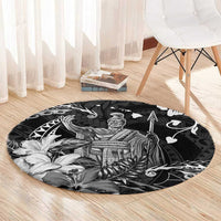 Hawaii King Kamehameha Day Round Carpet Polynesian Pattern Mix Hibiscus Black